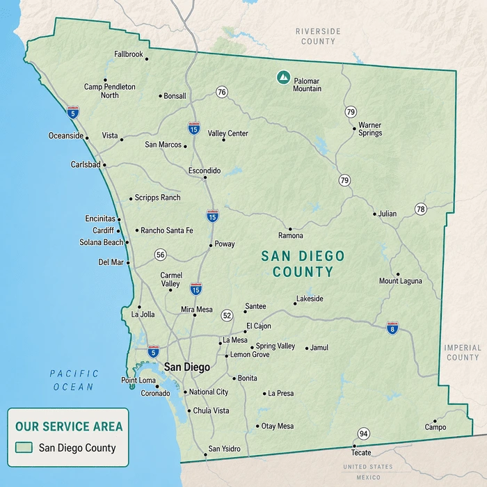 Service Area map for LG refrigerator repair in San Diego County